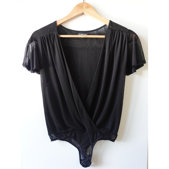Bebe Bodysuit XS Black Mesh Sheer Flutter Sleeve Deep V Wrap Top VTG 90s Y2K - Picture 1 of 6
